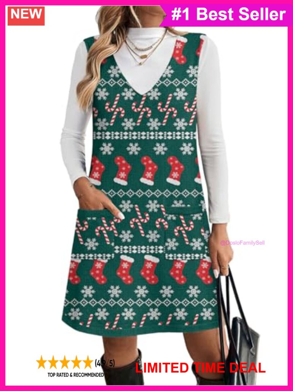 Sleeveless V Neck Knit Sweater Vest Dress with Pockets A-Line Knee-Length